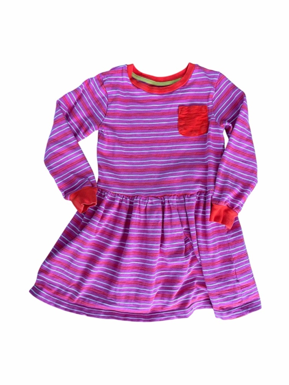 Mini Boden Pink & Purple Striped Long-Sleeve Dress with Red Pocket